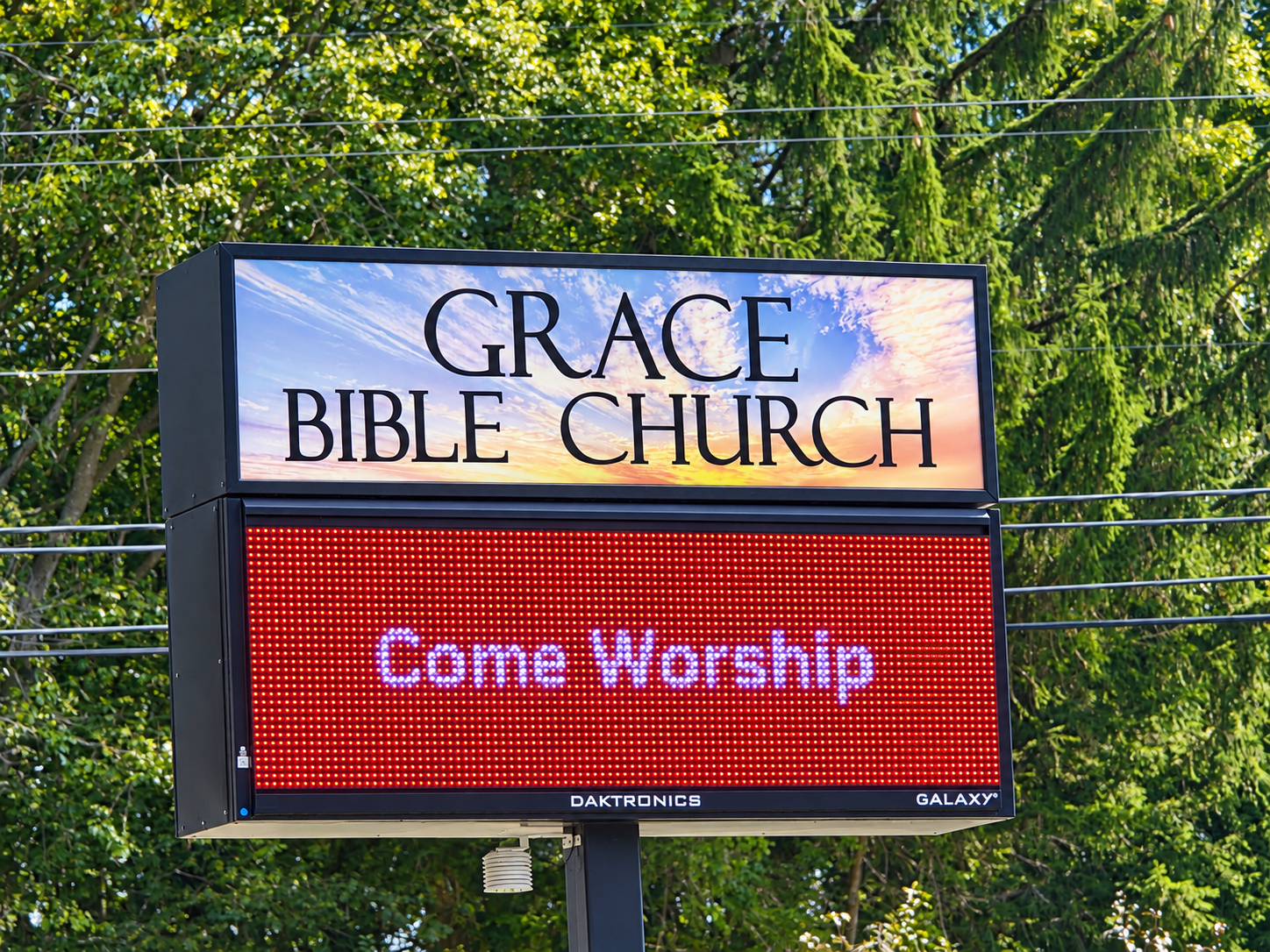 Grace Bible Church roadside sign inviting the community to worship